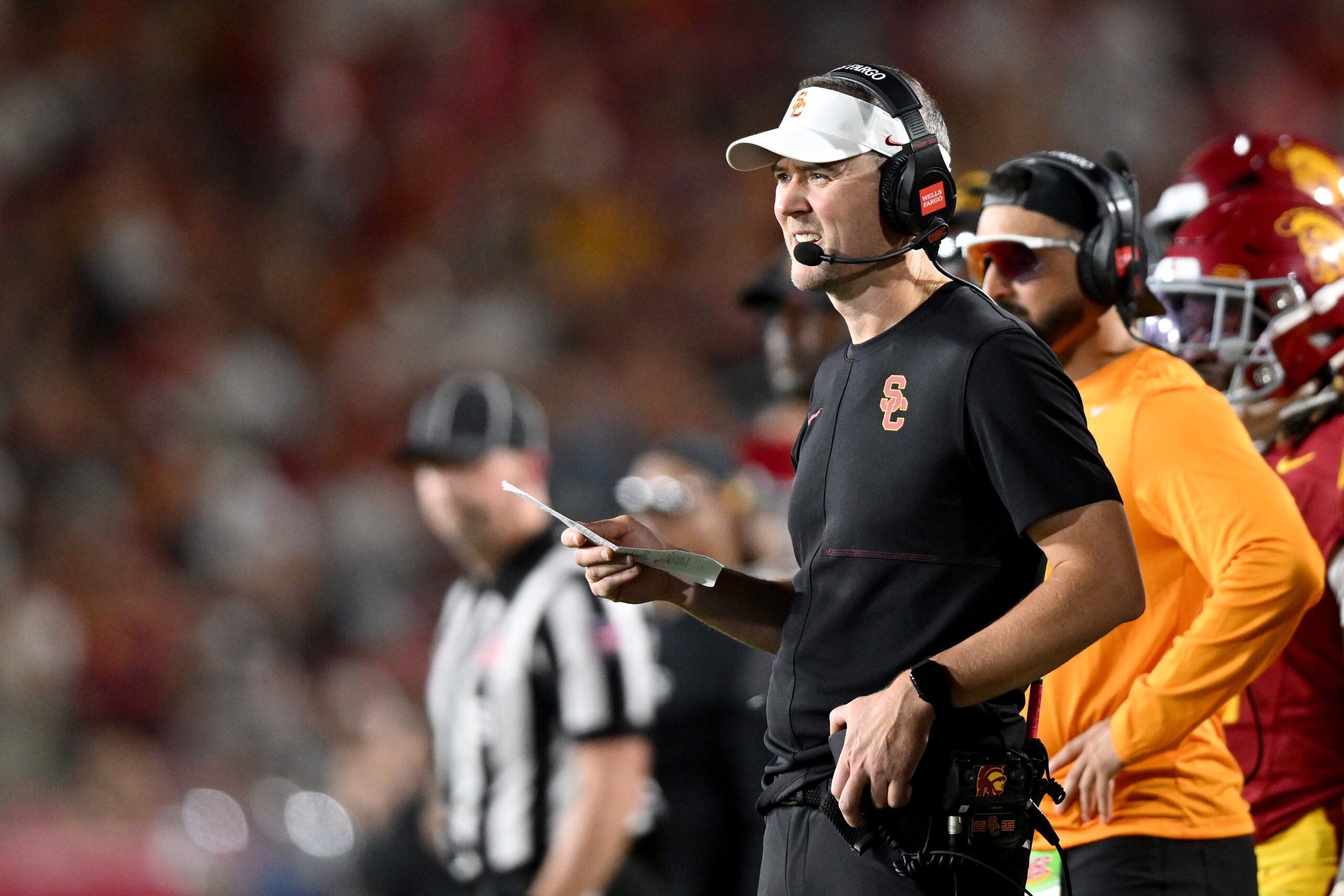 Oct 3, 2026; Los Angeles, California, USA; USC Trojans head coach Lincoln Riley looks on against the Washington Huskies during the third quarter at United Airlines Field at Los Angeles Memorial Coliseum.