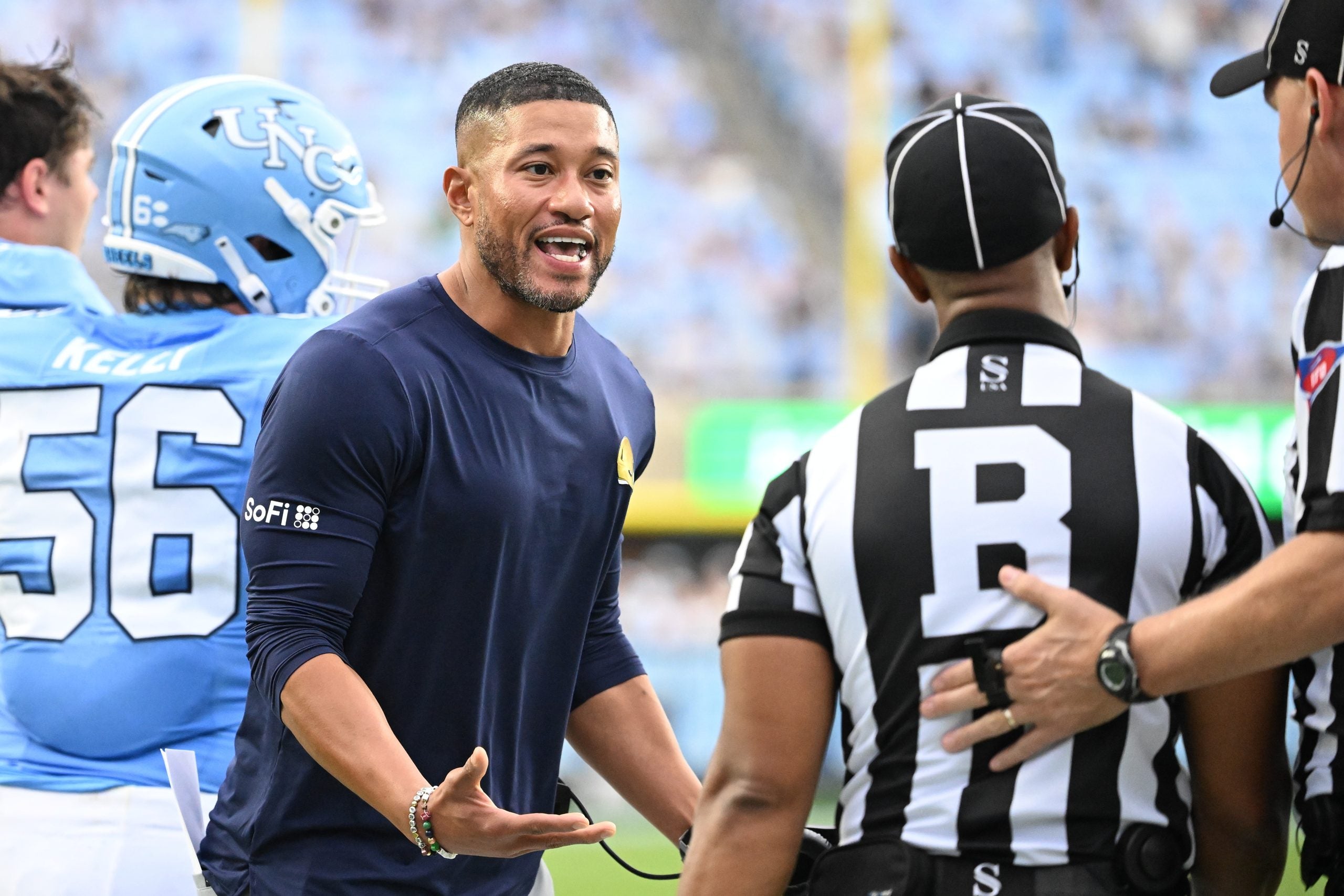Oct 3, 2026; Chapel Hill, North Carolina, USA; Notre Dame Fighting Irish head coach Marcus Freeman reacts in the first quarter at Kenan Stadium.
