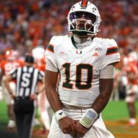 Oct 3, 2026; Clemson, South Carolina, USA; Miami Hurricanes quarterback Darian Mensah (10) celebrates a touchdown during the third quarter against the Clemson Tigers at Memorial Stadium.