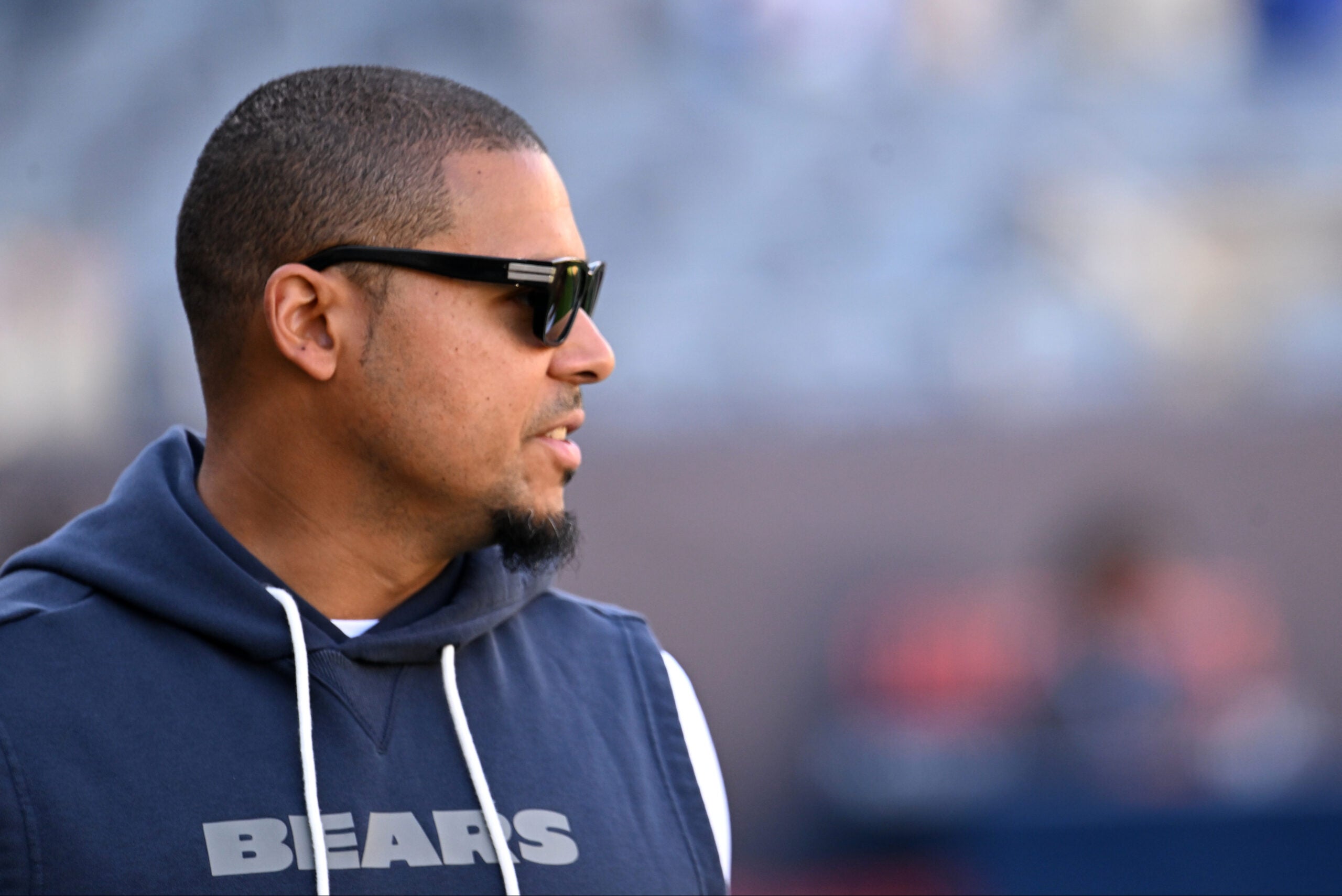 Oct 4, 2026; Chicago, Illinois, USA; Chicago Bears general manager Ryan Poles looks on before the game against the New York Jets at Soldier Field.