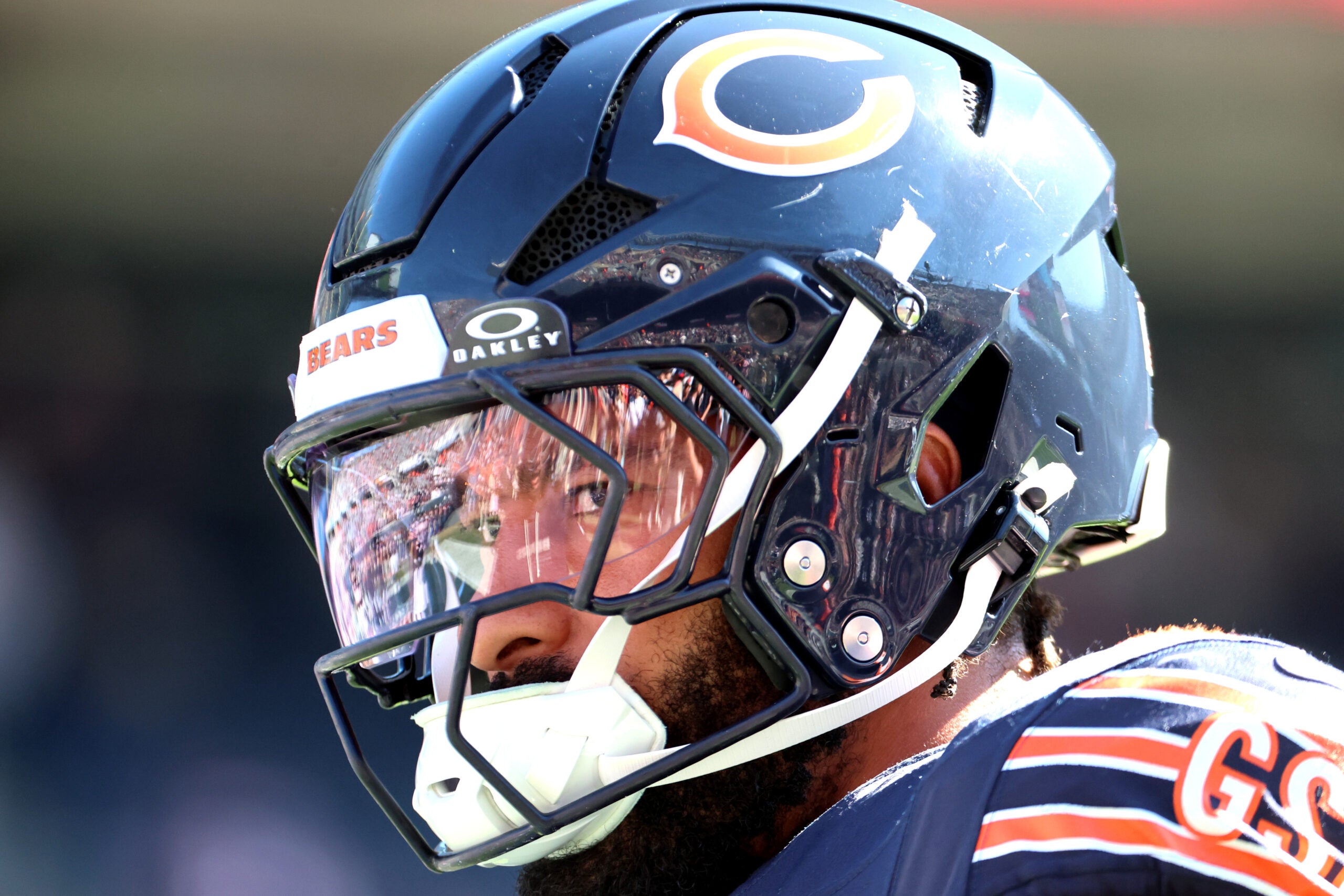 Oct 4, 2026; Chicago, Illinois, USA; Chicago Bears defensive line Montez Sweat (98) during warmups before the game against the New York Jets at Soldier Field.