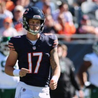 Oct 4, 2026; Chicago, Illinois, USA; Chicago Bears quarterback Tyson Bagent (17) walks on the field after a play against the New York Jets during the first quarter at Soldier Field.