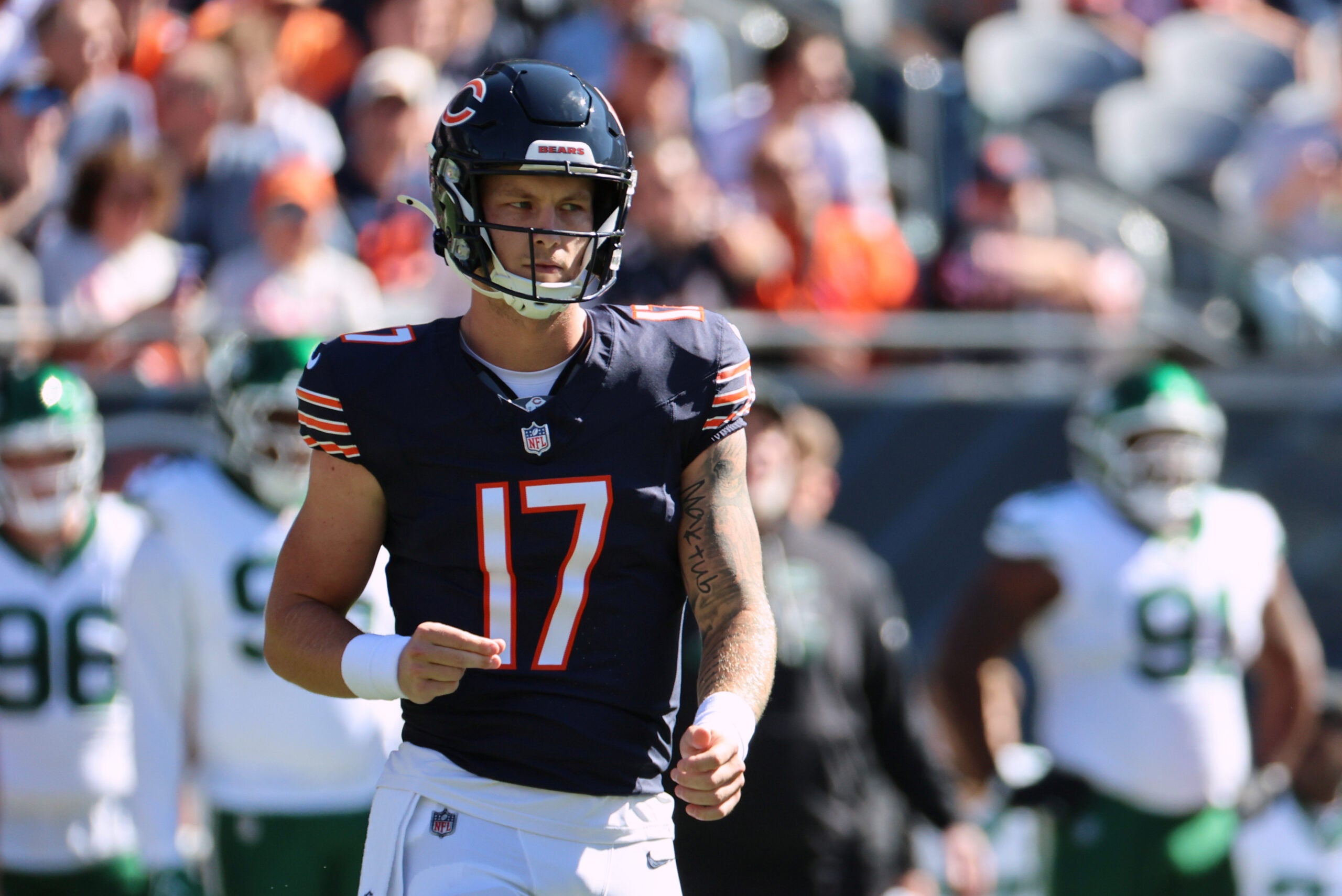 Oct 4, 2026; Chicago, Illinois, USA; Chicago Bears quarterback Tyson Bagent (17) walks on the field after a play against the New York Jets during the first quarter at Soldier Field.