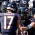 Oct 4, 2026; Chicago, Illinois, USA; Chicago Bears running back Kyle Monangai (25) celebrates with quarterback Tyson Bagent (17) after scoring a touchdown during the first quarter against the New York Jets at Soldier Field.