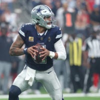 Oct 4, 2026; Houston, Texas, USA; Dallas Cowboys quarterback Dak Prescott (4) stands in the pocket against the Houston Texans during the first half at Reliant Stadium.