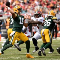Oct 4, 2026; Tampa, Florida, USA; Green Bay Packers quarterback Jordan Love (10) throws the ball against the Green Bay Packers during the game at Raymond James Stadium.