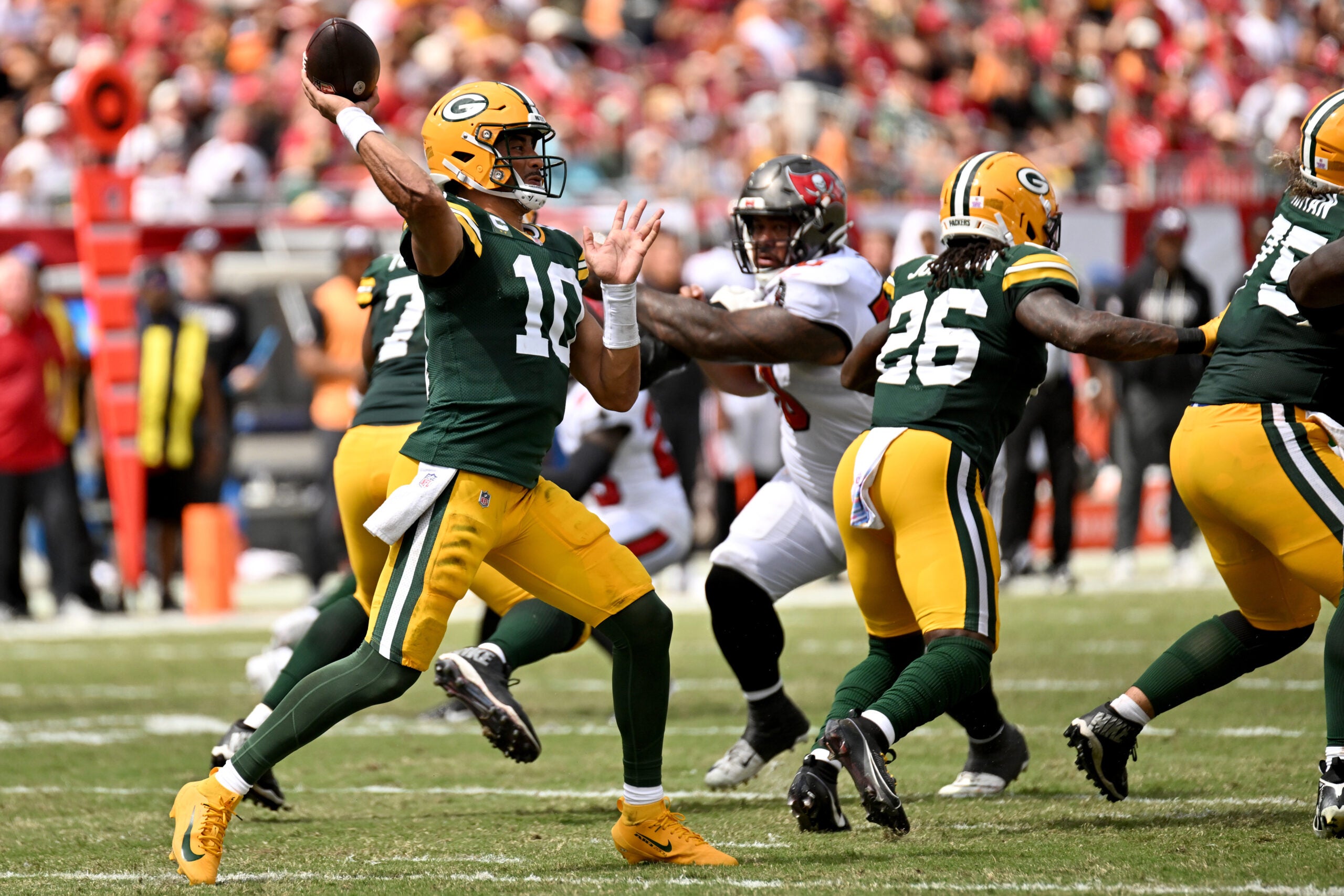 Oct 4, 2026; Tampa, Florida, USA; Green Bay Packers quarterback Jordan Love (10) throws the ball against the Green Bay Packers during the game at Raymond James Stadium.