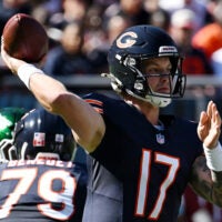 Oct 4, 2026; Chicago, Illinois, USA; Chicago Bears quarterback Tyson Bagent (17) passes the ball against the New York Jets during the second quarter at Soldier Field.