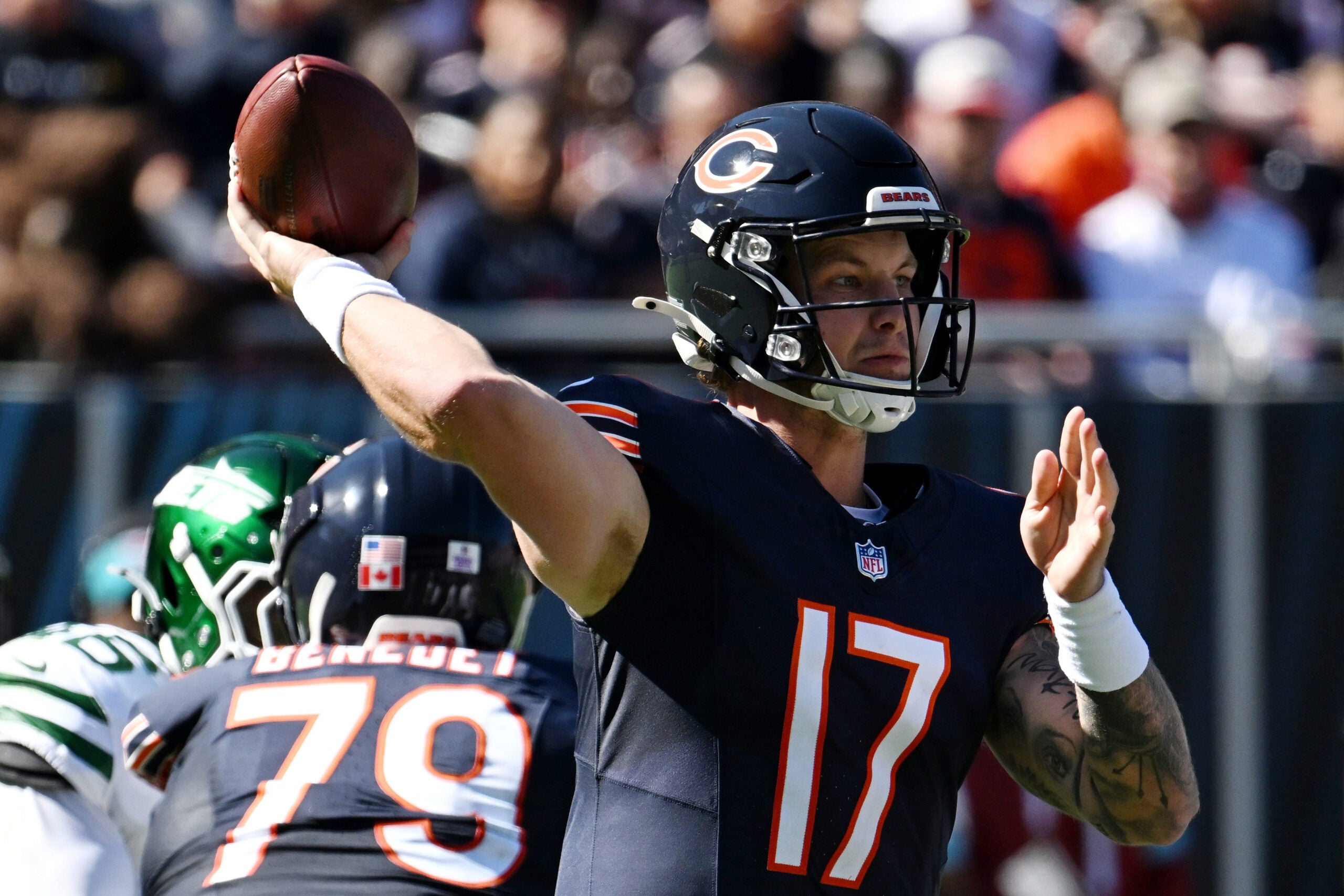 Oct 4, 2026; Chicago, Illinois, USA; Chicago Bears quarterback Tyson Bagent (17) passes the ball against the New York Jets during the second quarter at Soldier Field.