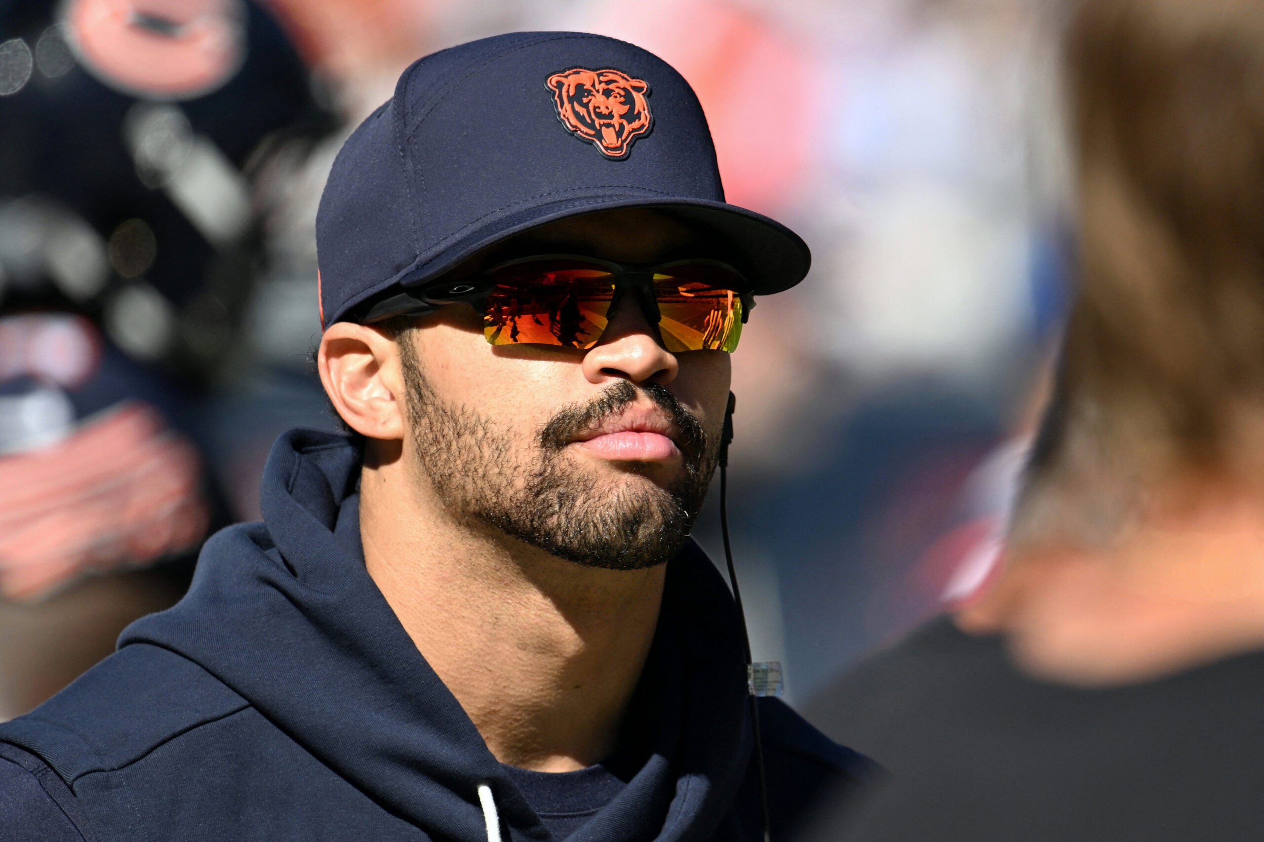 Oct 4, 2026; Chicago, Illinois, USA; Chicago Bears quarterback Caleb Williams (18) walks on the sideline during the third quarter of their game against the New York Jets at Soldier Field.