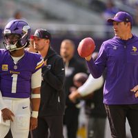 Oct 4, 2026; Minneapolis, Minnesota, USA; Minnesota Vikings quarterback Kyler Murray (1) and Minnesota Vikings head coach Kevin O'Connell look on before the game against the Miami Dolphins at U.S. Bank Stadium.