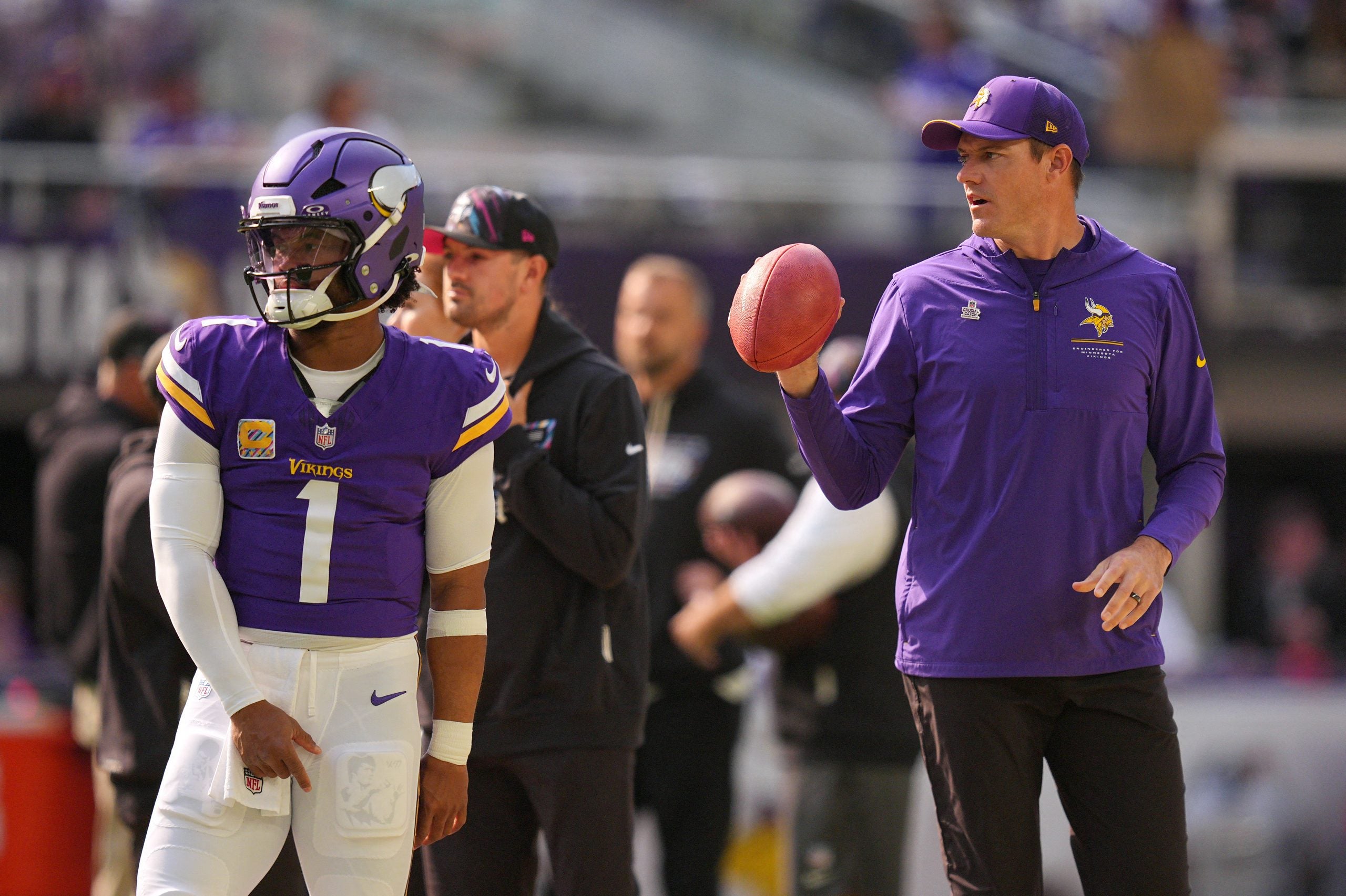 Oct 4, 2026; Minneapolis, Minnesota, USA; Minnesota Vikings quarterback Kyler Murray (1) and Minnesota Vikings head coach Kevin O'Connell look on before the game against the Miami Dolphins at U.S. Bank Stadium.