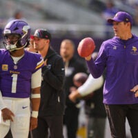 Oct 4, 2026; Minneapolis, Minnesota, USA; Minnesota Vikings quarterback Kyler Murray (1) and Minnesota Vikings head coach Kevin O'Connell look on before the game against the Miami Dolphins at U.S. Bank Stadium.