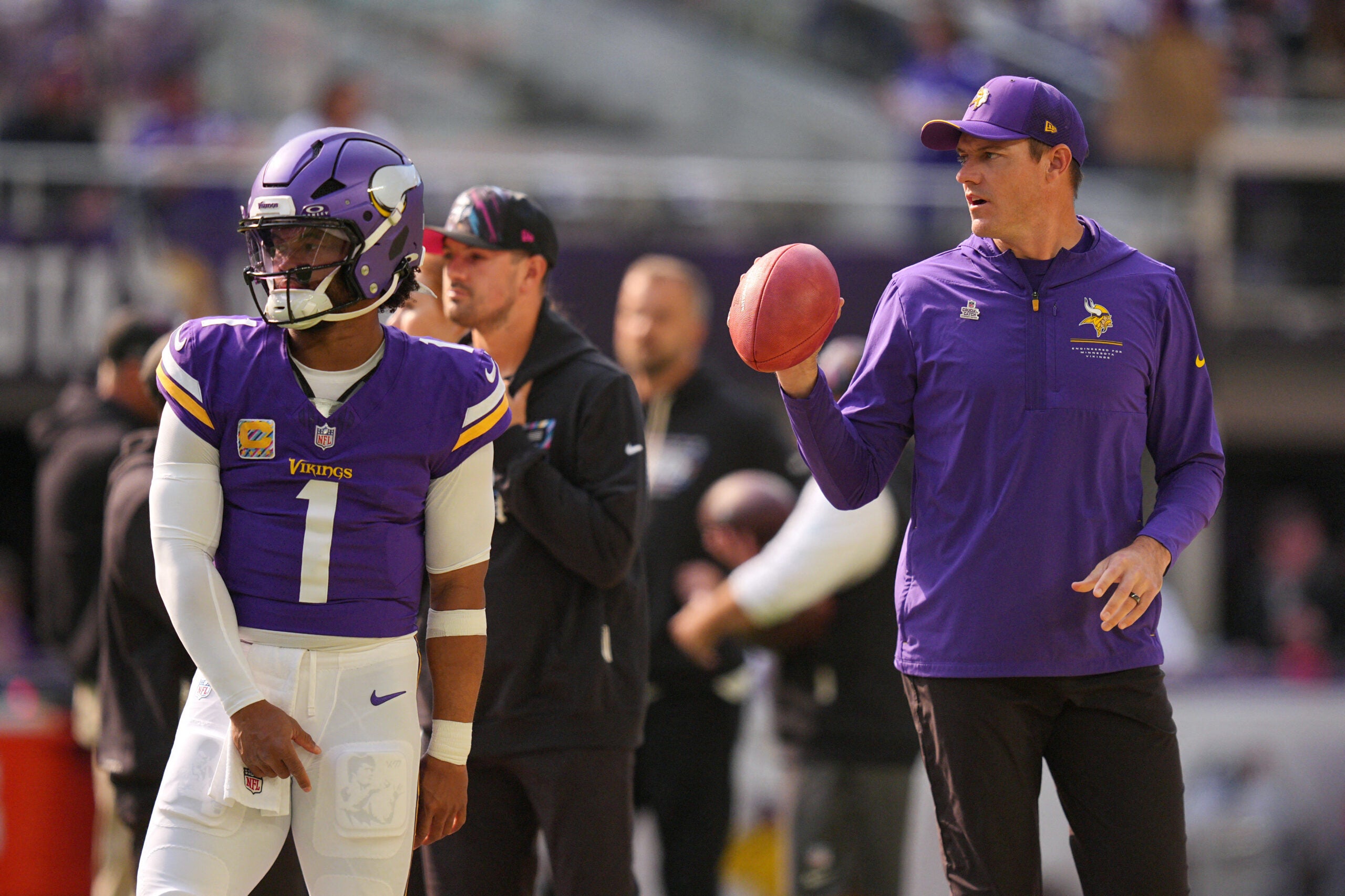 Oct 4, 2026; Minneapolis, Minnesota, USA; Minnesota Vikings quarterback Kyler Murray (1) and Minnesota Vikings head coach Kevin O'Connell look on before the game against the Miami Dolphins at U.S. Bank Stadium.