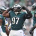 Oct 4, 2026; Philadelphia, Pennsylvania, USA; Philadelphia Eagles defensive tackle Moro Ojomo (97) reacts after a third-down stop against the Los Angeles Rams during the second quarter at Lincoln Financial Field.