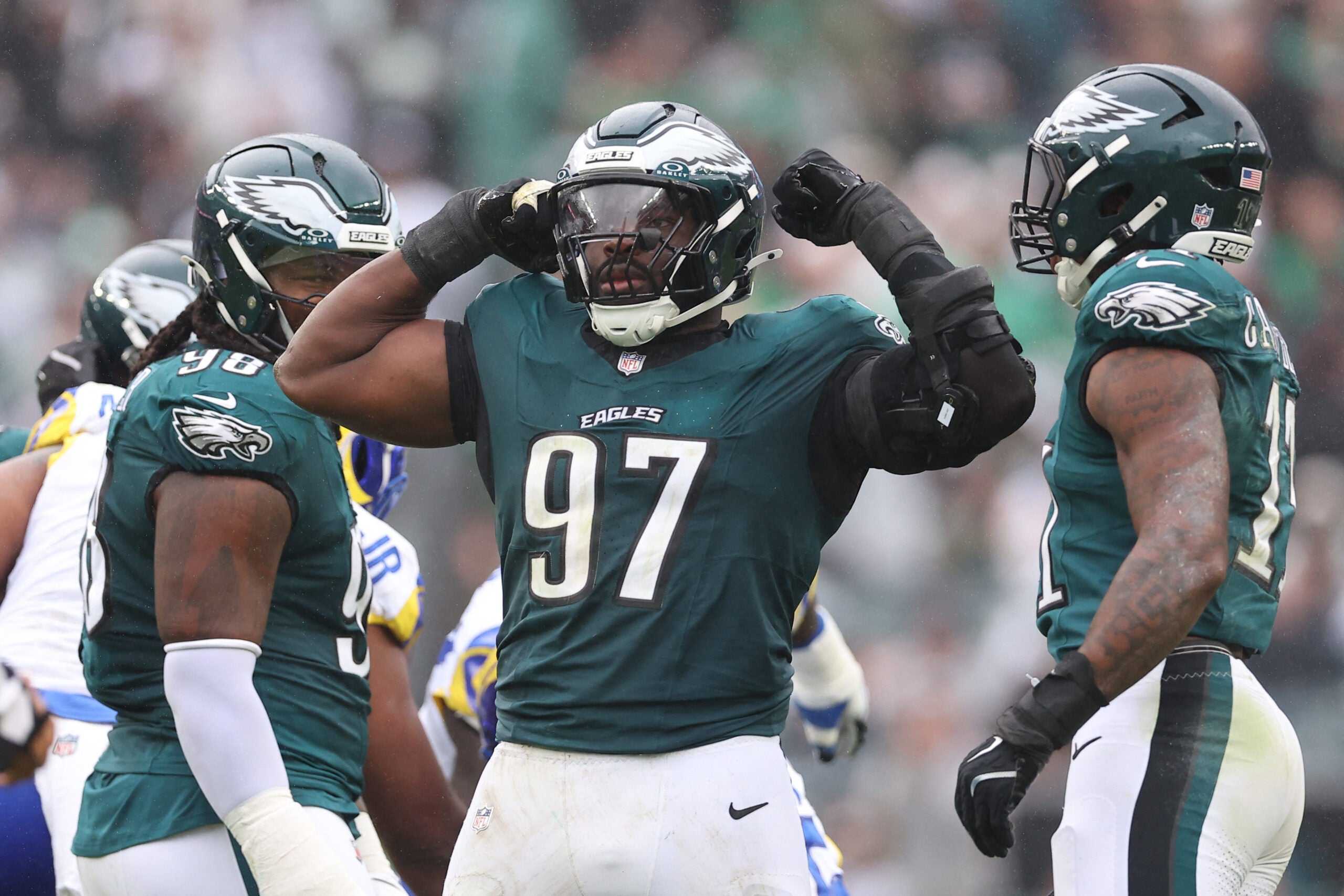 Oct 4, 2026; Philadelphia, Pennsylvania, USA; Philadelphia Eagles defensive tackle Moro Ojomo (97) reacts after a third-down stop against the Los Angeles Rams during the second quarter at Lincoln Financial Field.