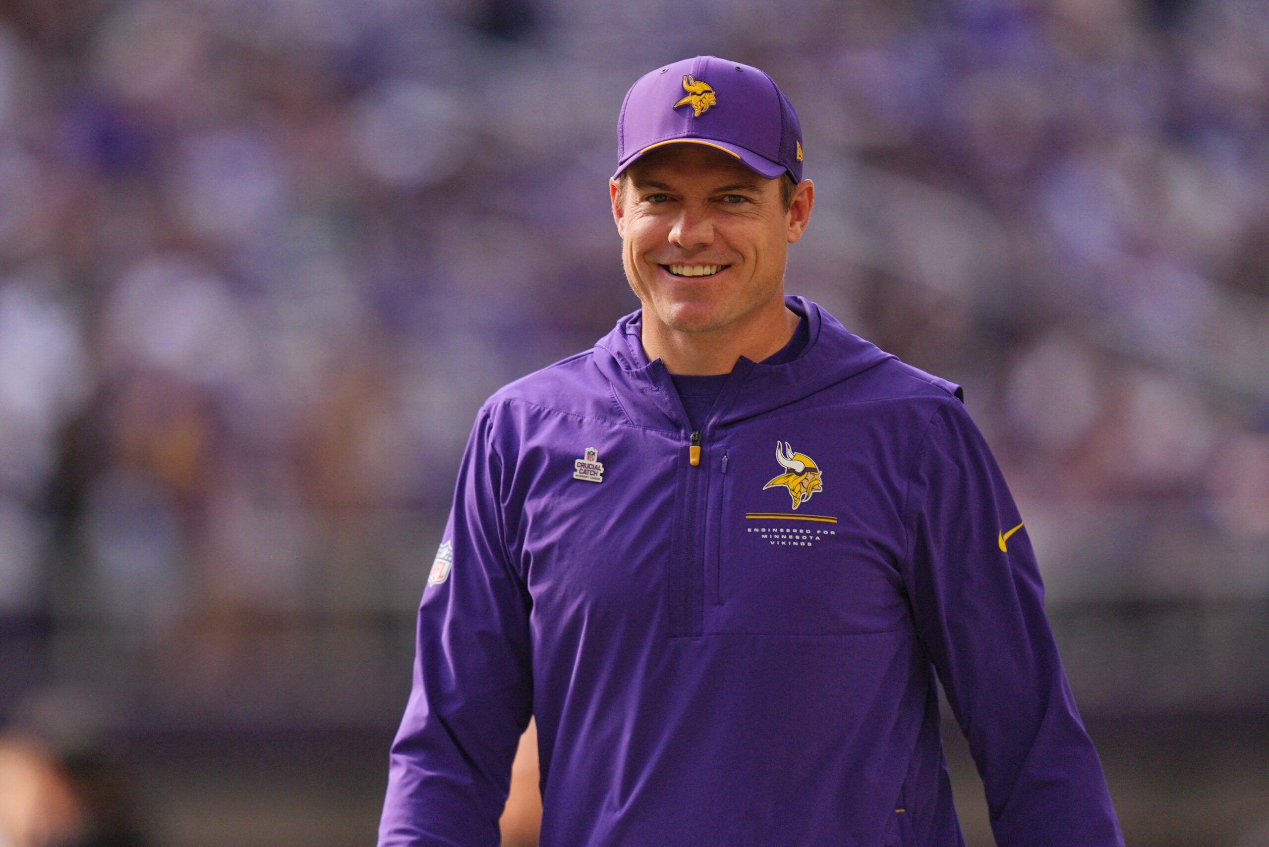 Oct 4, 2026; Minneapolis, Minnesota, USA; Minnesota Vikings head coach Kevin O'Connell looks on before the game against the Miami Dolphins at U.S. Bank Stadium.