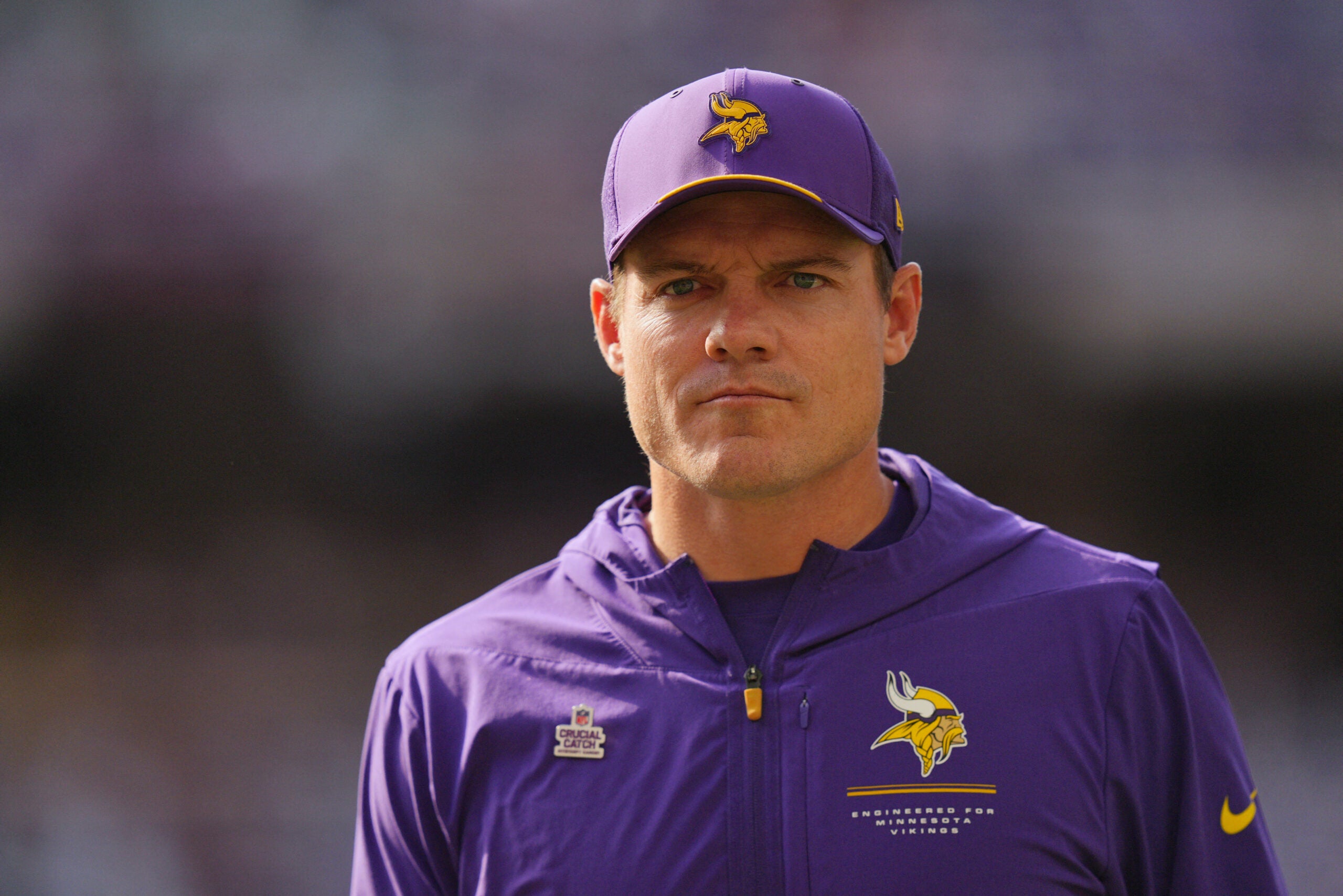 Oct 4, 2026; Minneapolis, Minnesota, USA; Minnesota Vikings head coach Kevin O'Connell looks on before the game against the Miami Dolphins at U.S. Bank Stadium.
