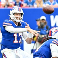 Oct 4, 2026; Orchard Park, New York, USA; Buffalo Bills quarterback Josh Allen (17) throws a pass during the third quarter against the New England Patriots at New Highmark Stadium.