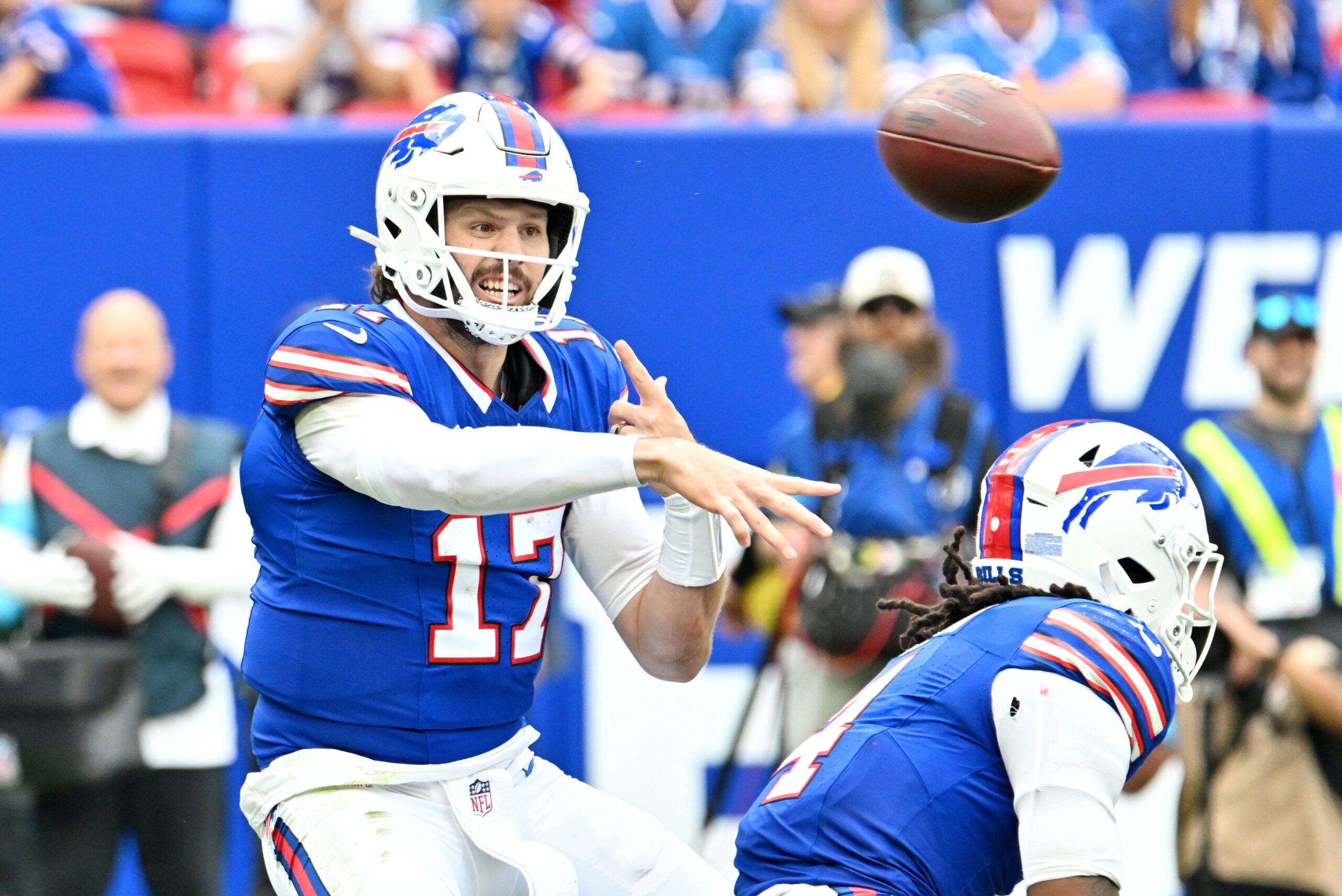 Oct 4, 2026; Orchard Park, New York, USA; Buffalo Bills quarterback Josh Allen (17) throws a pass during the third quarter against the New England Patriots at New Highmark Stadium.
