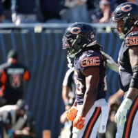 Oct 4, 2026; Chicago, Illinois, USA; Chicago Bears running back Kyle Monangai (25) reacts after making a touchdown during the third quarter against the New York Jets at Soldier Field.