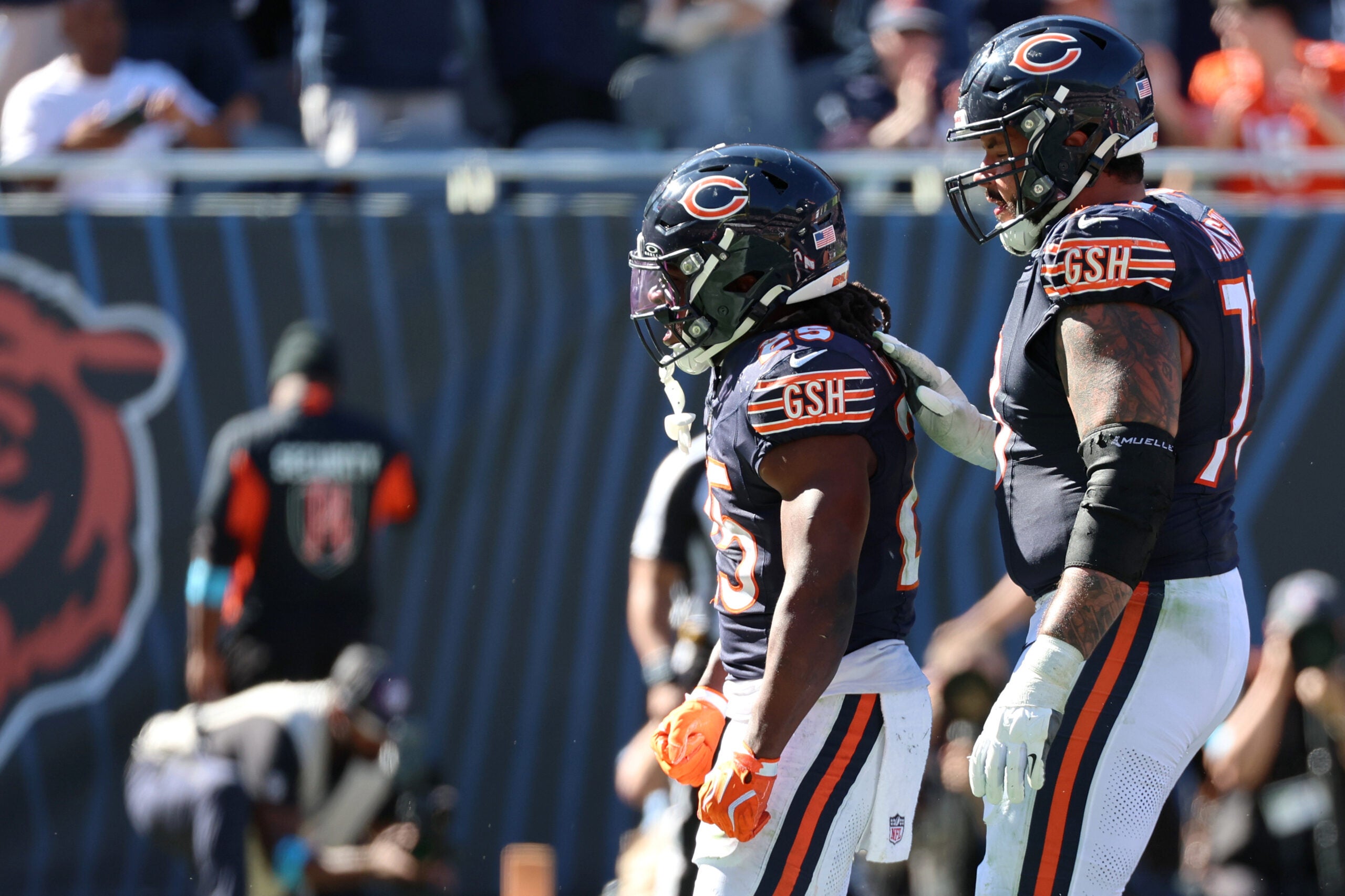 Oct 4, 2026; Chicago, Illinois, USA; Chicago Bears running back Kyle Monangai (25) reacts after making a touchdown during the third quarter against the New York Jets at Soldier Field.