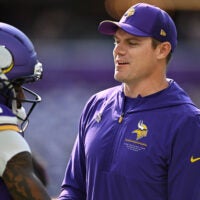 Oct 4, 2026; Minneapolis, Minnesota, USA; Minnesota Vikings head coach Kevin O'Connell speaks with Minnesota Vikings wide receiver Jordan Addison (3) before the game against the Miami Dolphins at U.S. Bank Stadium.