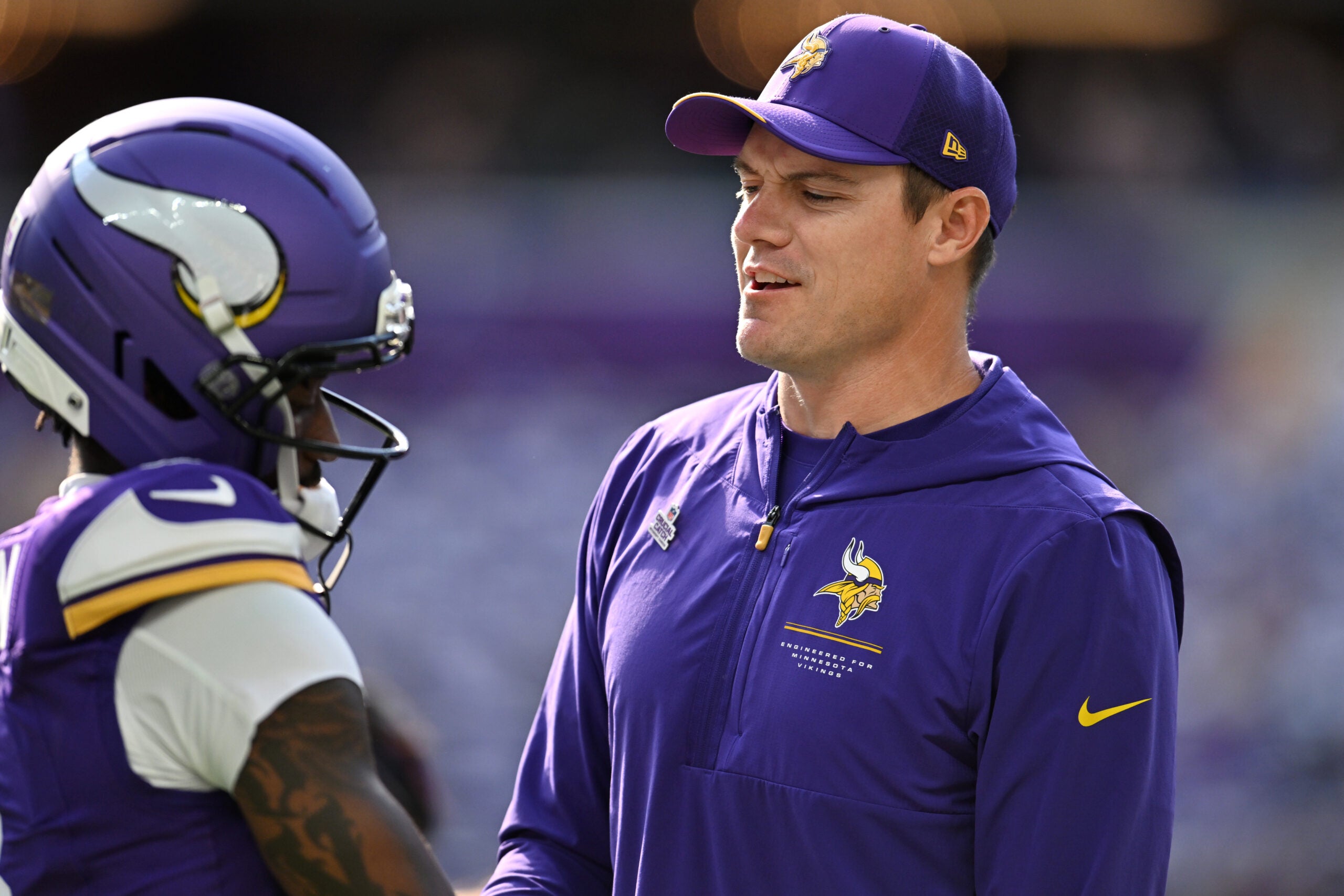 Oct 4, 2026; Minneapolis, Minnesota, USA; Minnesota Vikings head coach Kevin O'Connell speaks with Minnesota Vikings wide receiver Jordan Addison (3) before the game against the Miami Dolphins at U.S. Bank Stadium.