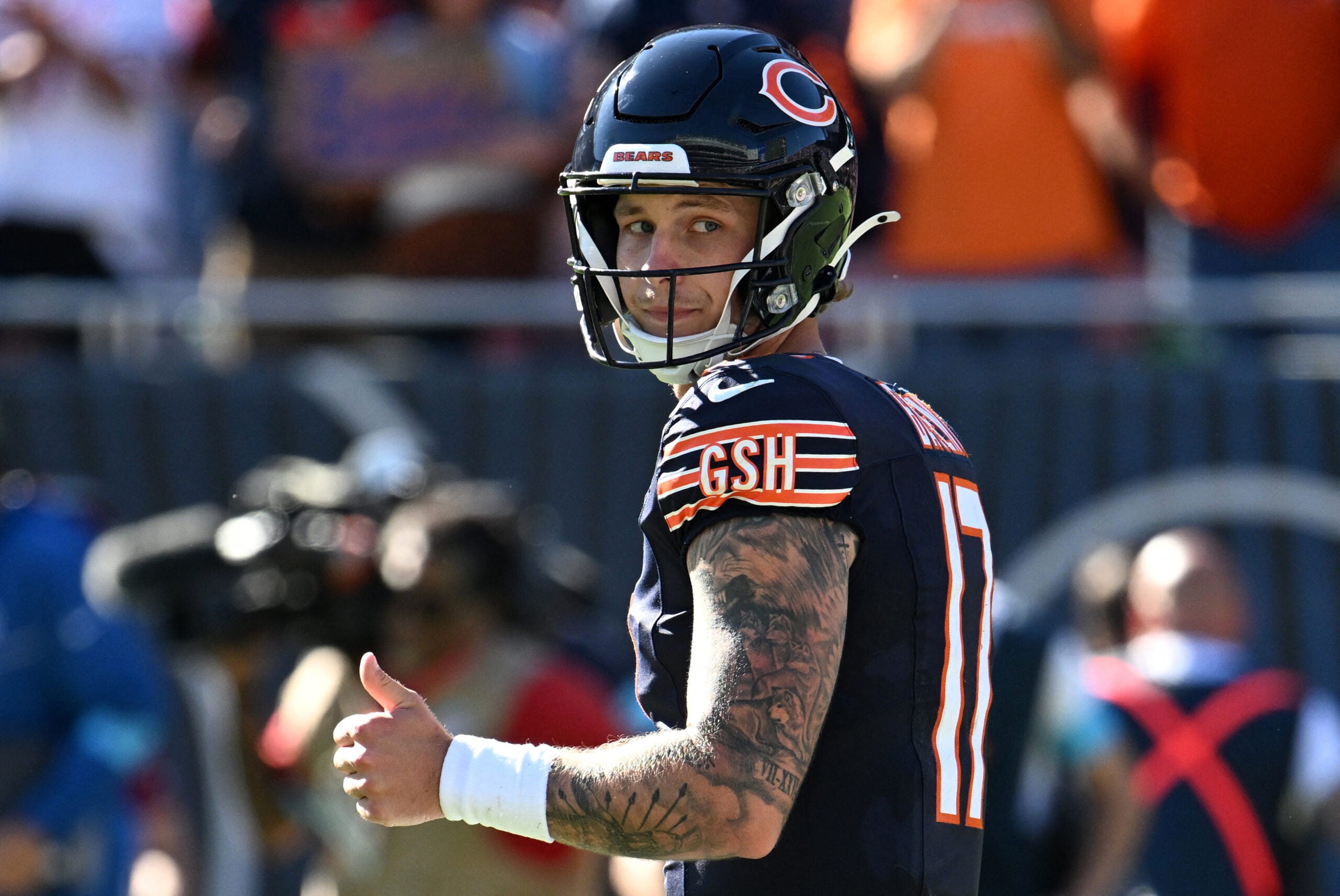 Oct 4, 2026; Chicago, Illinois, USA; Chicago Bears quarterback Tyson Bagent (17) gives a thumbs up after the game against the New York Jets at Soldier Field.