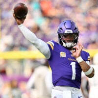 Oct 4, 2026; Minneapolis, Minnesota, USA; Minnesota Vikings quarterback Kyler Murray (1) warms up before the game against the Miami Dolphins at U.S. Bank Stadium.
