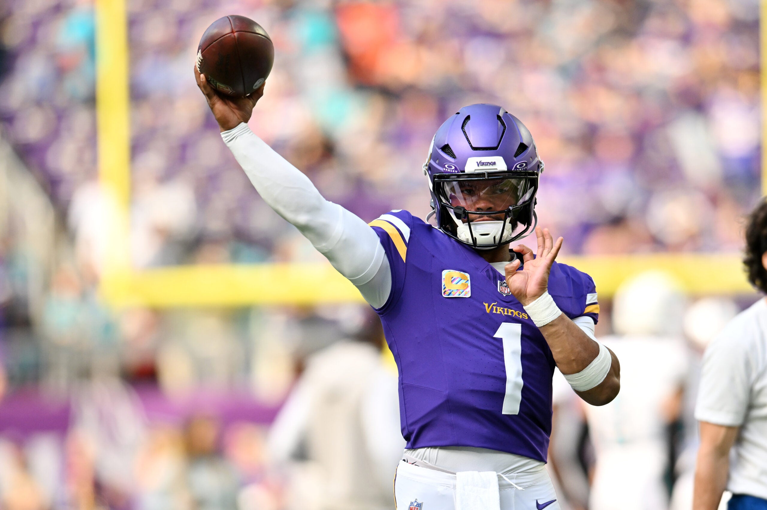 Oct 4, 2026; Minneapolis, Minnesota, USA; Minnesota Vikings quarterback Kyler Murray (1) warms up before the game against the Miami Dolphins at U.S. Bank Stadium.