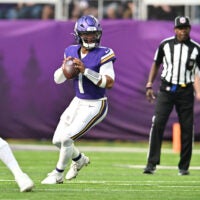 Oct 4, 2026; Minneapolis, Minnesota, USA; Minnesota Vikings quarterback Kyler Murray (1) looks to pass during the first quarter against the Miami Dolphins at U.S. Bank Stadium.