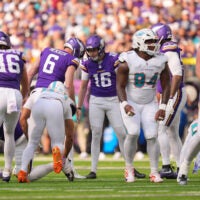 Oct 4, 2026; Minneapolis, Minnesota, USA; Minnesota Vikings kicker Will Reichard (16) celebrates with Minnesota Vikings punter Johnny Hekker (6) after kicking a field goal during the first quarter against the Miami Dolphins at U.S. Bank Stadium.