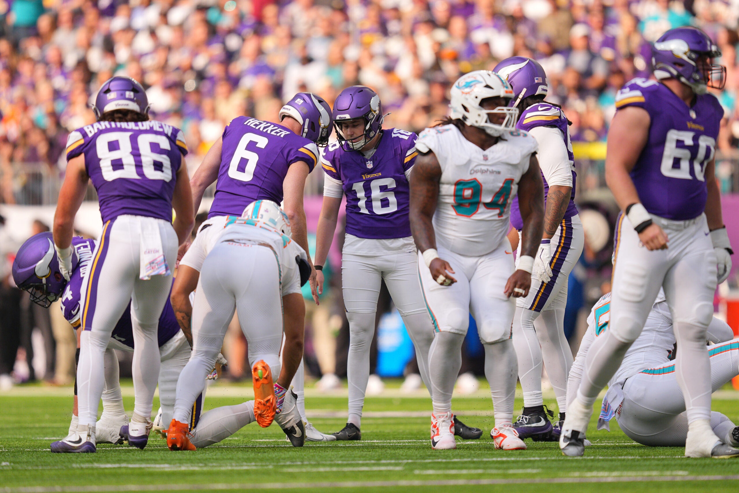 Oct 4, 2026; Minneapolis, Minnesota, USA; Minnesota Vikings kicker Will Reichard (16) celebrates with Minnesota Vikings punter Johnny Hekker (6) after kicking a field goal during the first quarter against the Miami Dolphins at U.S. Bank Stadium.