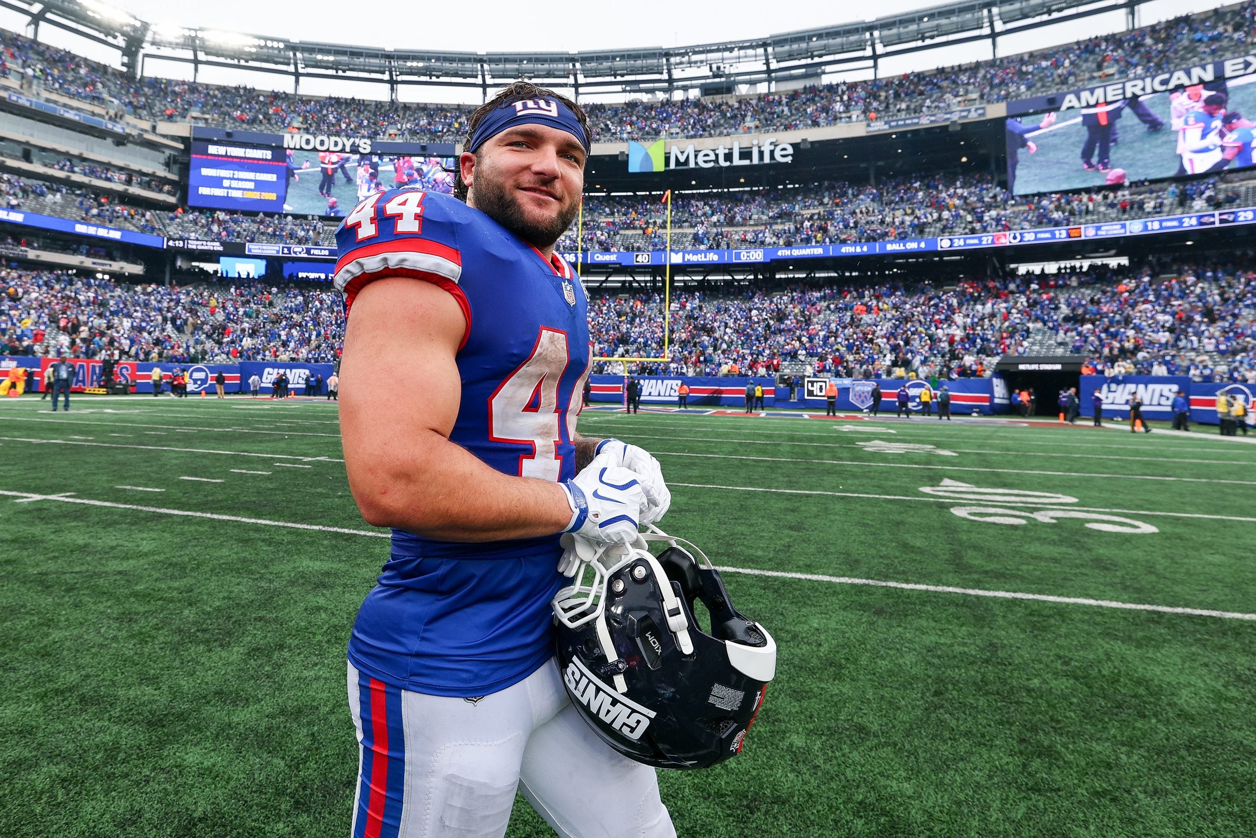 Oct 4, 2026; East Rutherford, New Jersey, USA; New York Giants running back Cam Skattebo (44) celebrates after the game against the Arizona Cardinals at MetLife Stadium.