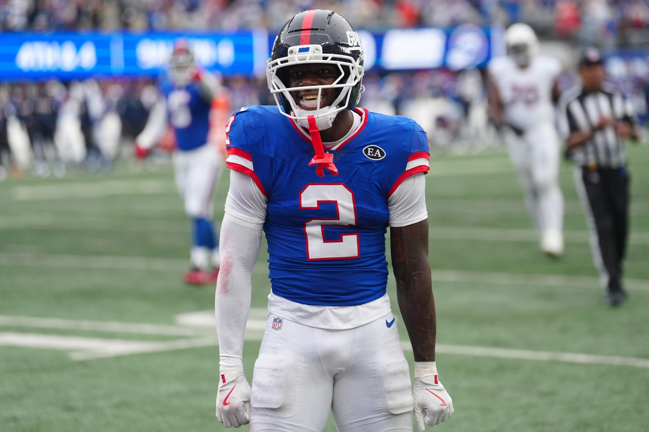 New York Giants cornerback Deonte Banks (2) is shown after the second to last play of the game where he was able to help prevent the Cardinals receiver from completing a pass. On the next play he made an interception and scored a touchdown, Sunday, October 4, 2026, in East Rutherford.