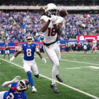 Arizona Cardinals wide receiver Marvin Harrison Jr. (18) misses the pass on the last drive of the game. The Giants were called for a foul on the play, Sunday, October 4, 2026, in East Rutherford.