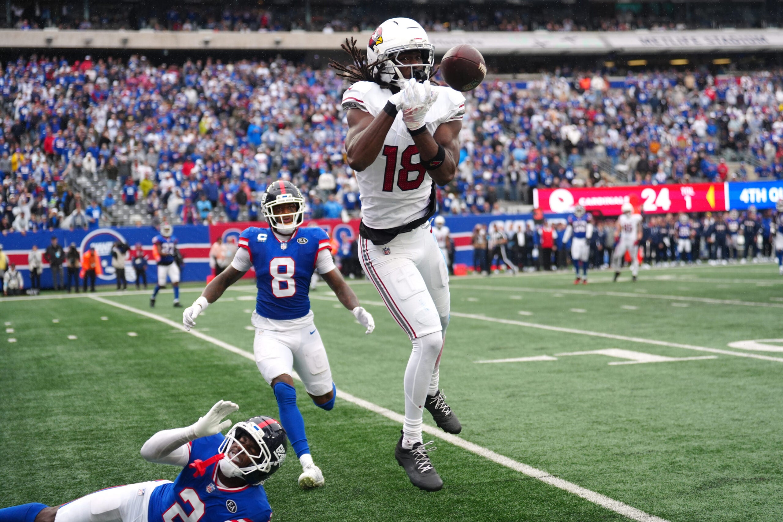 Arizona Cardinals wide receiver Marvin Harrison Jr. (18) misses the pass on the last drive of the game. The Giants were called for a foul on the play, Sunday, October 4, 2026, in East Rutherford.