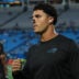 Oct 4, 2026; Charlotte, North Carolina, USA; Carolina Panthers linebacker Jaelan Phillips (5) looks on during warmups before the game against the Detroit Lions at Bank of America Stadium.