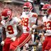 Oct 4, 2026; Paradise, Nevada, USA; Kansas City Chiefs running back Kenneth Walker III (9) celebrates with tight ends Jake Briningstool (88) and Noah Gray (83) after scoring a touchdown against the Las Vegas Raiders during the fourth quarter at Allegiant Stadium.