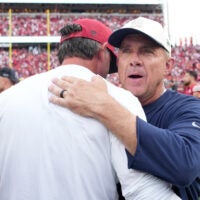 Oct 4, 2026; Santa Clara, California, USA; San Francisco 49ers head coach Kyle Shanahan and Denver Broncos head coach Sean Payton at midfield following a game at Levi's Stadium.