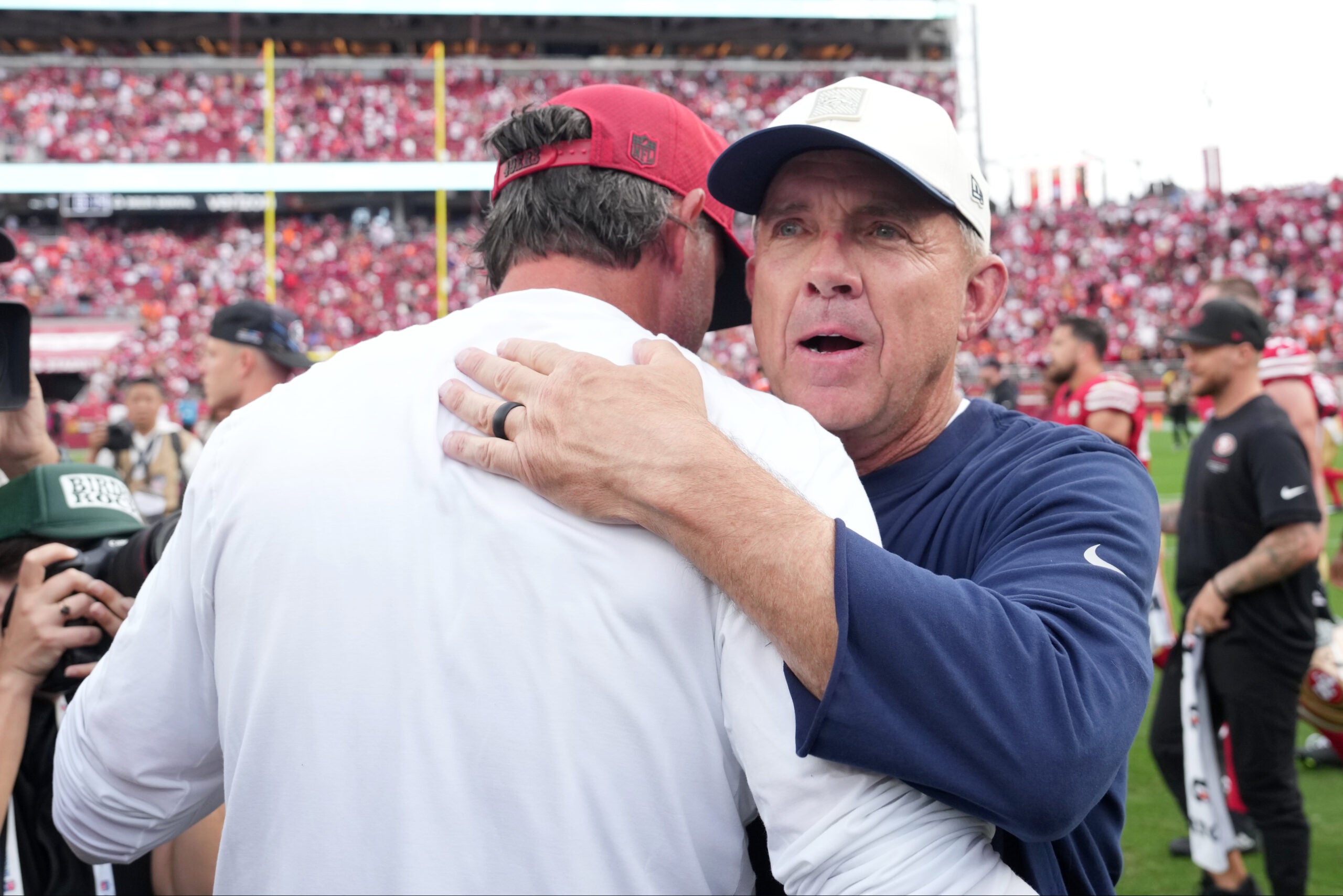 Oct 4, 2026; Santa Clara, California, USA; San Francisco 49ers head coach Kyle Shanahan and Denver Broncos head coach Sean Payton at midfield following a game at Levi's Stadium.