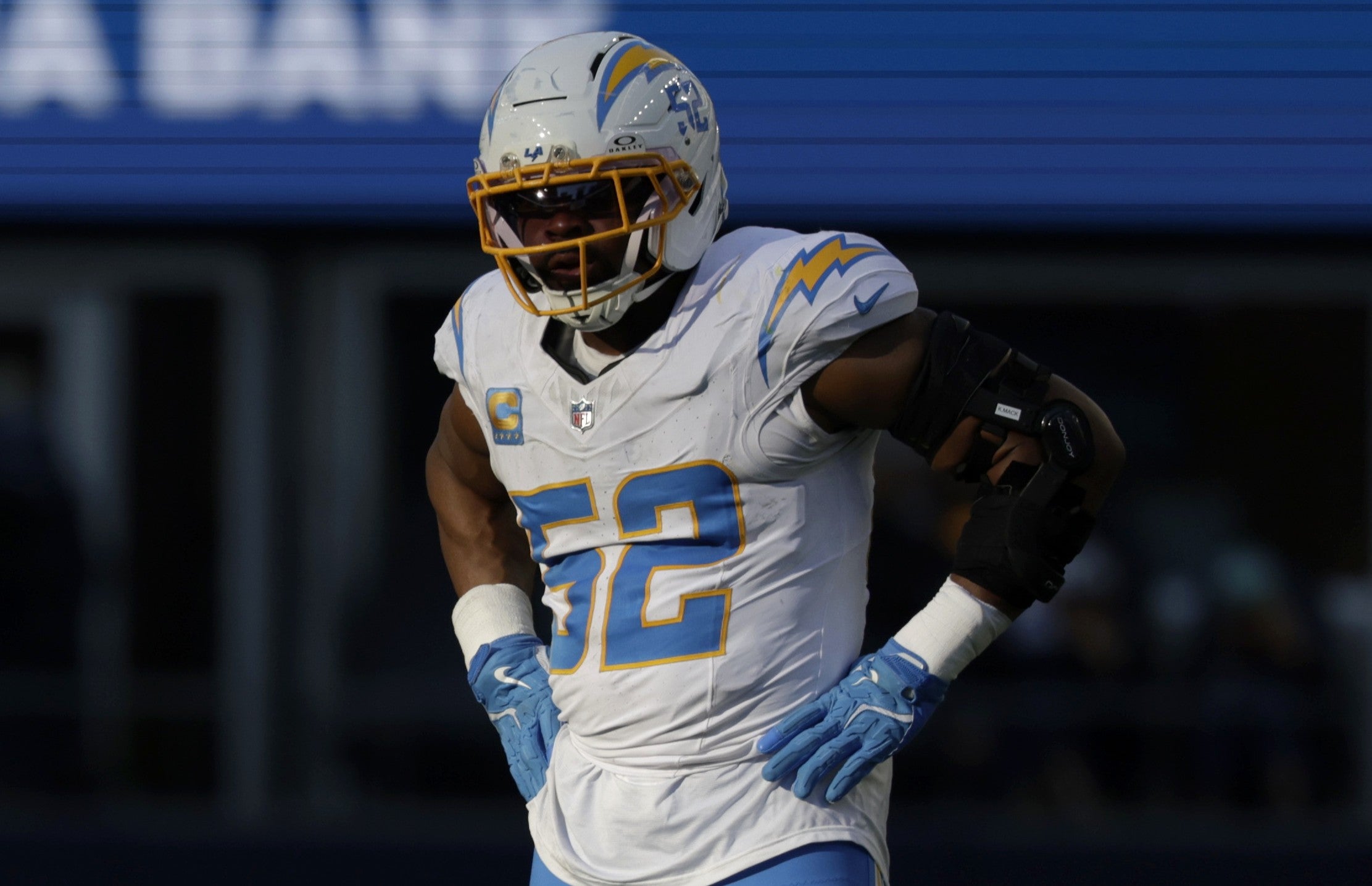Oct 4, 2026; Seattle, Washington, USA; Los Angeles Chargers linebacker Khalil Mack (52) is seen against the Seattle Seahawks during the second half at Lumen Field.
