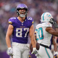 Oct 4, 2026; Minneapolis, Minnesota, USA; Minnesota Vikings tight end T.J. Hockenson (87) celebrates after making a catch during the fourth quarter against the Miami Dolphins at U.S. Bank Stadium.