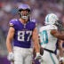 Oct 4, 2026; Minneapolis, Minnesota, USA; Minnesota Vikings tight end T.J. Hockenson (87) celebrates after making a catch during the fourth quarter against the Miami Dolphins at U.S. Bank Stadium.