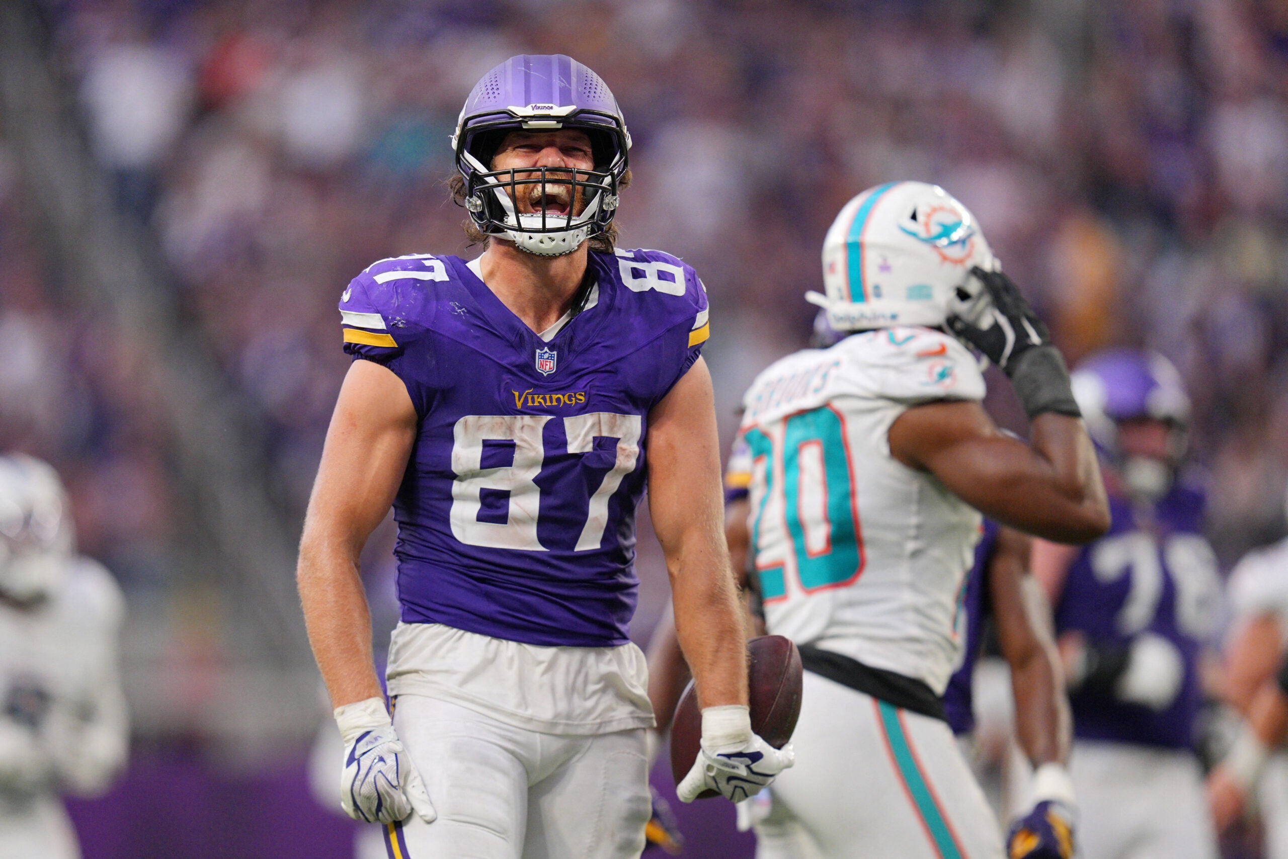 Oct 4, 2026; Minneapolis, Minnesota, USA; Minnesota Vikings tight end T.J. Hockenson (87) celebrates after making a catch during the fourth quarter against the Miami Dolphins at U.S. Bank Stadium.