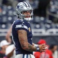 Oct 4, 2026; Houston, Texas, USA; Dallas Cowboys quarterback Dak Prescott (4) on the field before the game against the Houston Texans at Reliant Stadium.