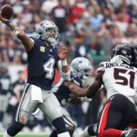 Oct 4, 2026; Houston, Texas, USA; Dallas Cowboys quarterback Dak Prescott (4) attempts a pass during the game against the Houston Texans at Reliant Stadium.