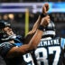 Oct 4, 2026; Charlotte, North Carolina, USA; Carolina Panthers quarterback Bryce Young (9) celebrates after a touchdown by wide receiver Tetairoa McMillan (not pictured) against the Detroit Lions during the third quarter at Bank of America Stadium.