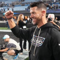 Oct 4, 2026; Charlotte, North Carolina, USA; Carolina Panthers head coach Dave Canales celebrates after a win against the Detroit Lions at Bank of America Stadium.